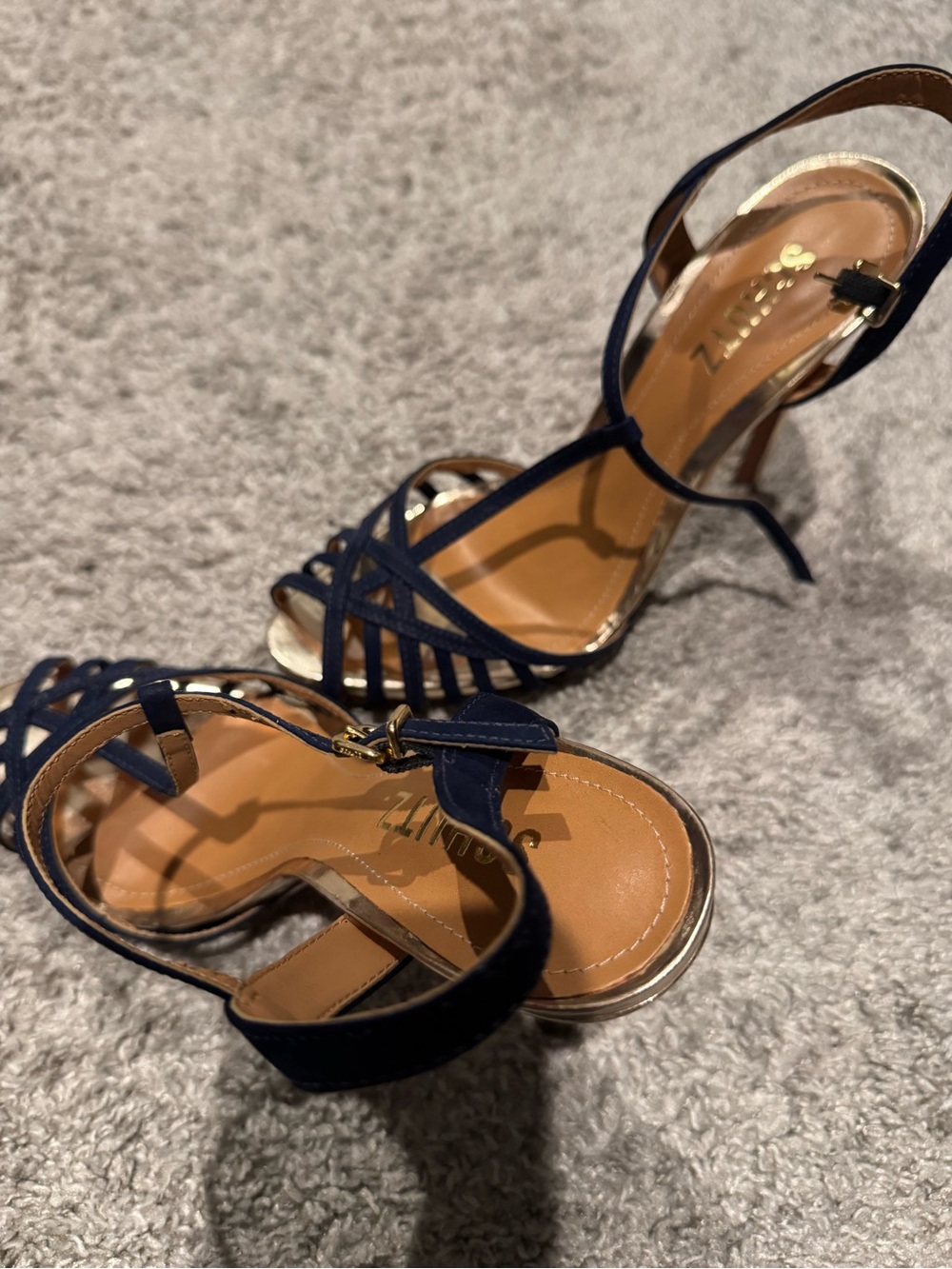 SCHUTZ Navy Strappy T-Bar High Heel Sandals with Gold Footbed - Picture 8 of 9